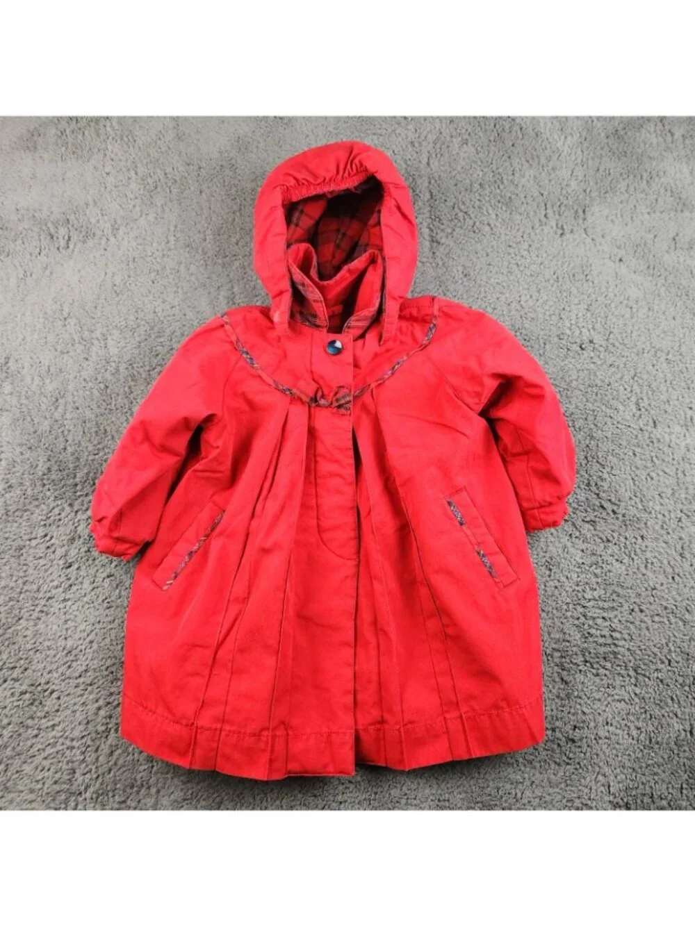 VTG Rothschild Pea Coat Girls‎ 3T Red Blue Fur Lined Bow Pleated Hooded Holiday